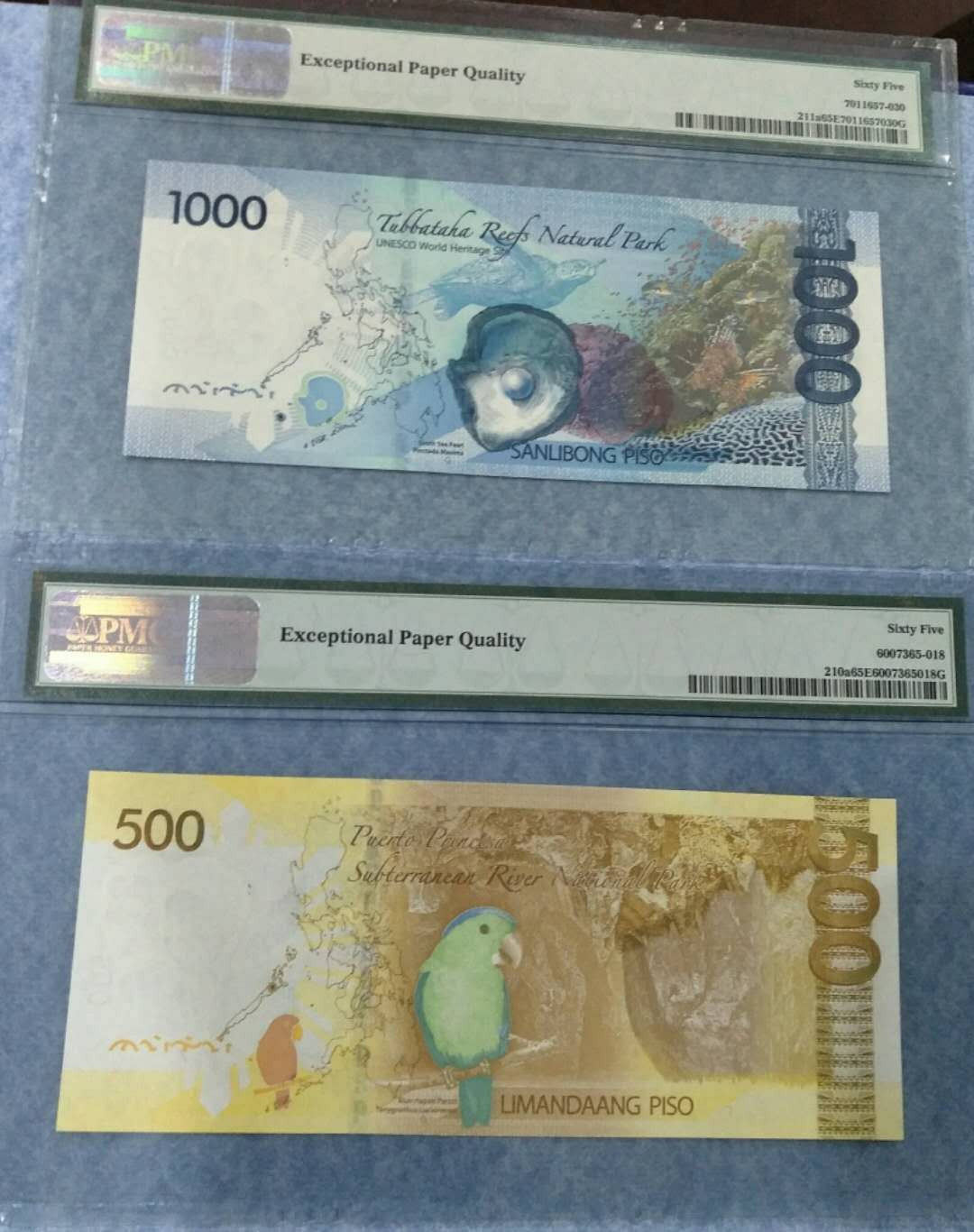 【鲸贝乐淘】千字文·第“坚持雅操，好爵自縻”号拍卖·CICE钱币博览会专场 菲律宾2010首发冠初版500、1000比索99号一对同分PMG65