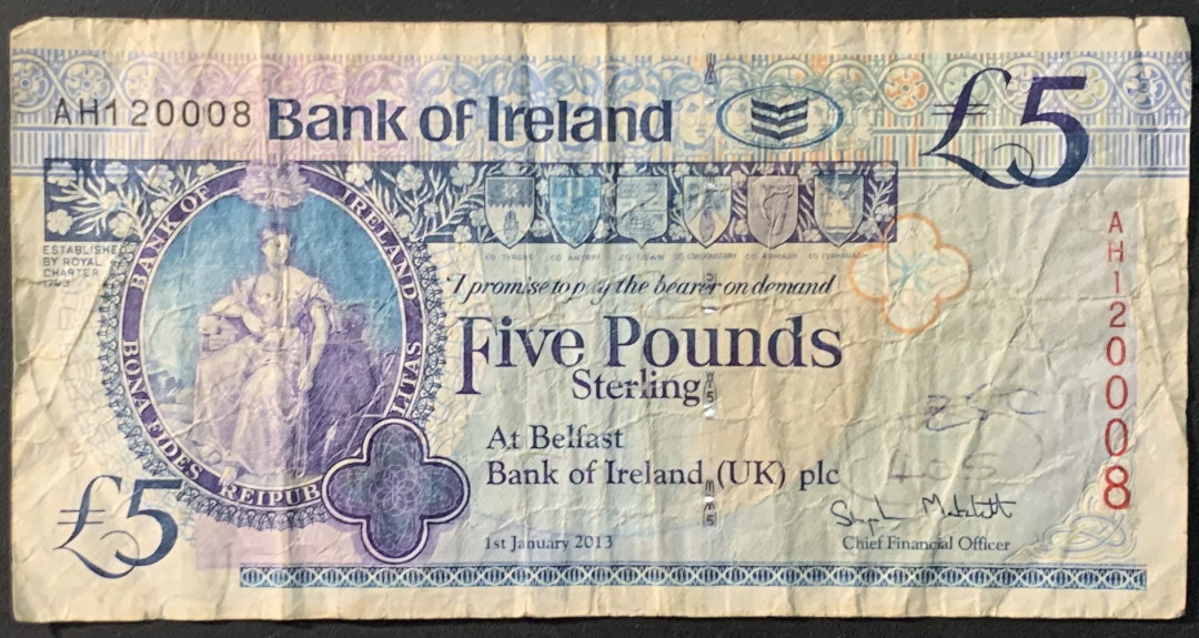 紫瑗钱币——微拍第107期—纸币场（团购） 爱尔兰 2013年 5磅 流通品 