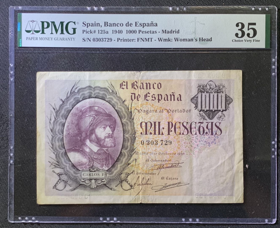 紫瑗钱币——微拍第107期—纸币场（团购） 葡萄牙 1940年 卡洛斯一世 1000比塞塔 PMG 35 (P-125a ) 非常少见