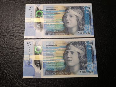 《外钞收藏家》第八十五期拍卖 - 苏格兰最新版5镑塑料钞 两连号 首发冠 绝品