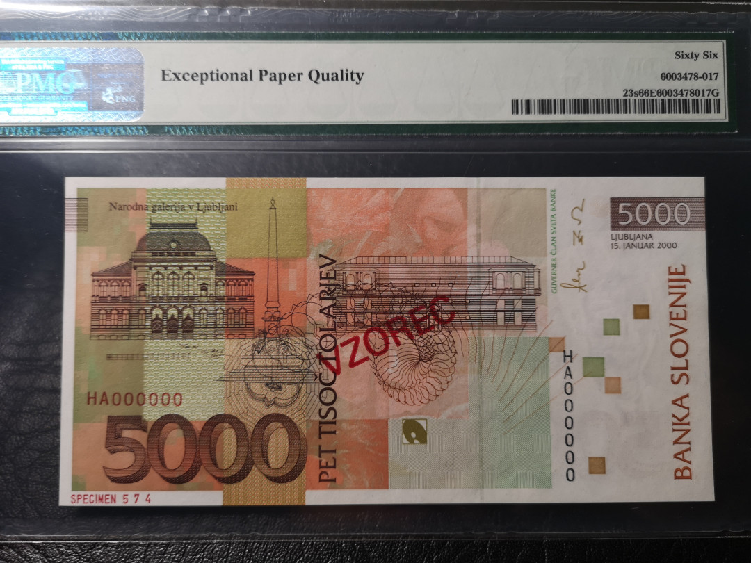《外钞收藏家》第八十五期拍卖 斯洛文尼亚2000年5000面额 574号样钞 pmg66