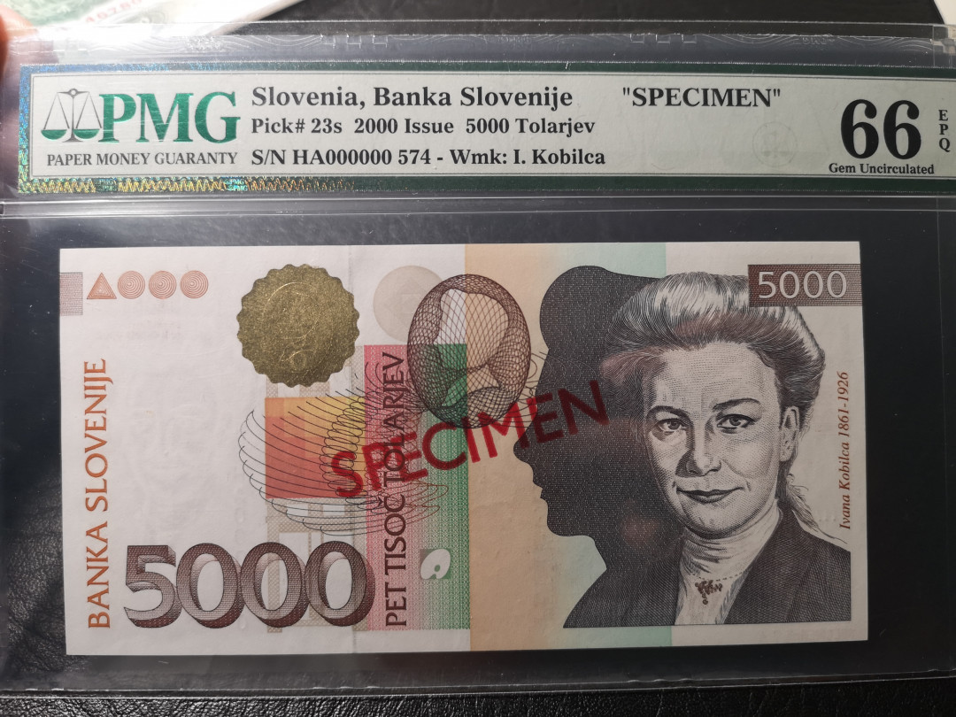《外钞收藏家》第八十五期拍卖 斯洛文尼亚2000年5000面额 574号样钞 pmg66