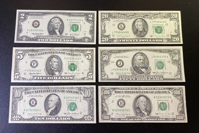 兄弟钱币收藏2020年第54期拍卖 美国1985年-1995年小头2-5-10-20-50-100元，2美元和50美元为UNC，其余为AU-EF