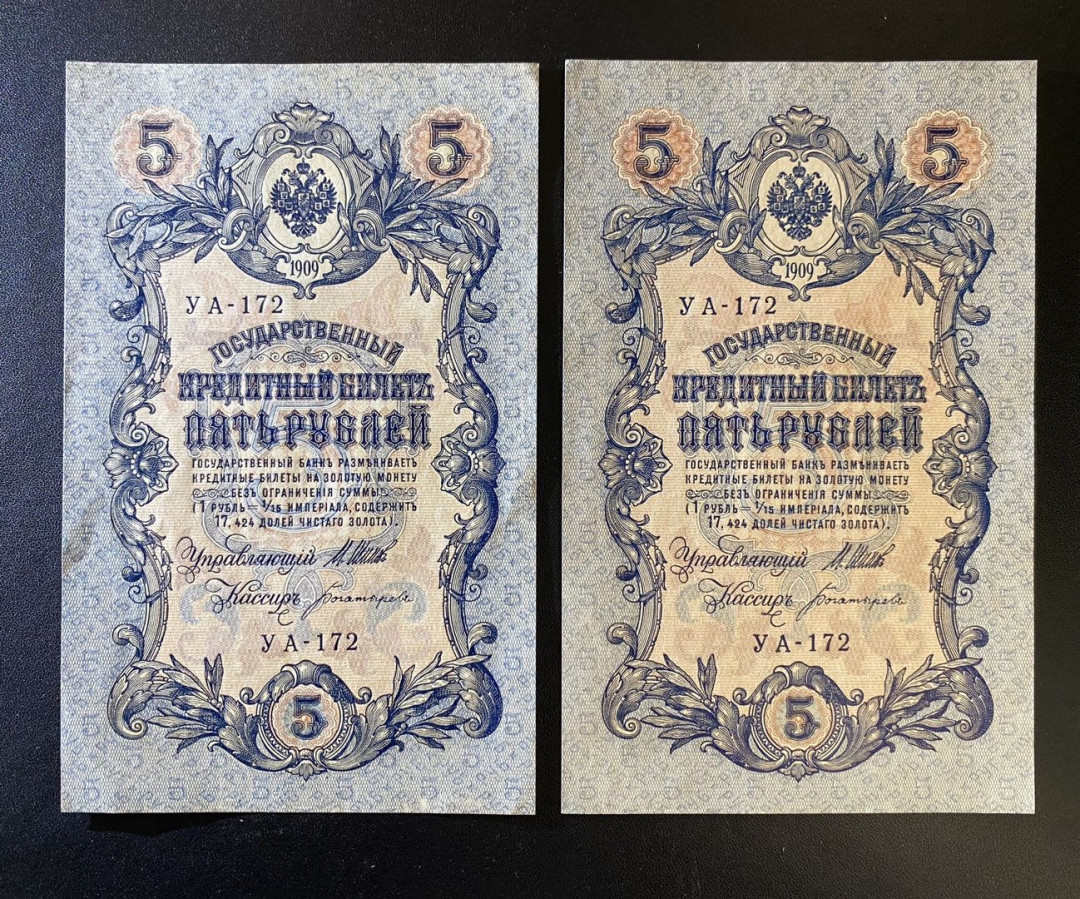 兄弟钱币收藏2020年第54期拍卖 沙俄1909年5卢布两枚，一枚AU，一枚UNC，少见，大票幅