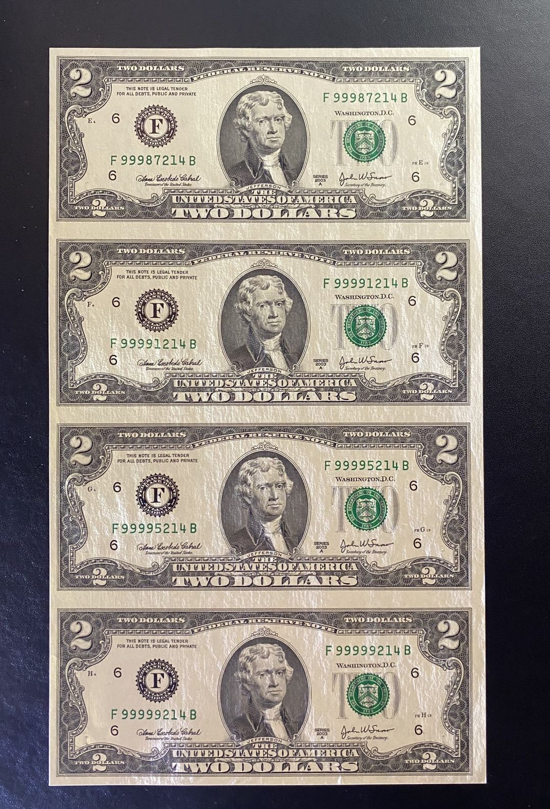 兄弟钱币收藏2020年第54期拍卖 美国2003年2美元四连体钞，狮子号头，UNC