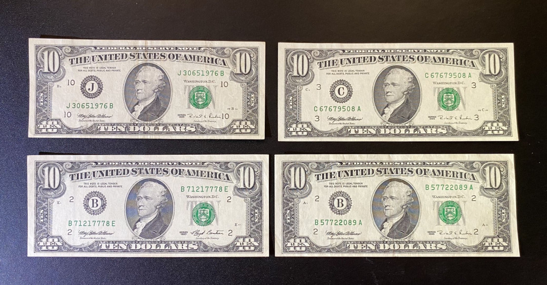 兄弟钱币收藏2020年第54期拍卖 美国1993-1995小头10元，四张，EF-AU品相