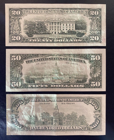 兄弟钱币收藏2020年第54期拍卖 美国1985年-1995年小头2-5-10-20-50-100元，2美元和50美元为UNC，其余为AU-EF