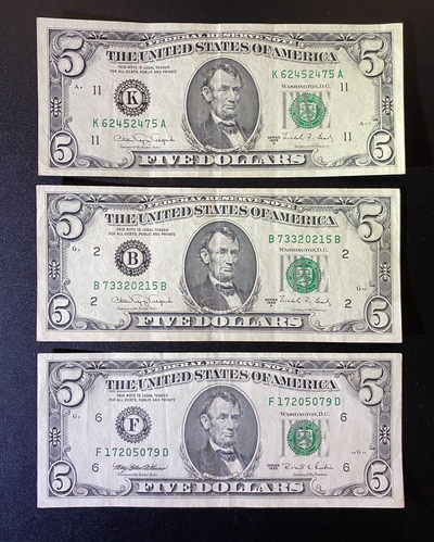 兄弟钱币收藏2020年第54期拍卖 美国1988年1995年小头5美元3枚，AU-EF