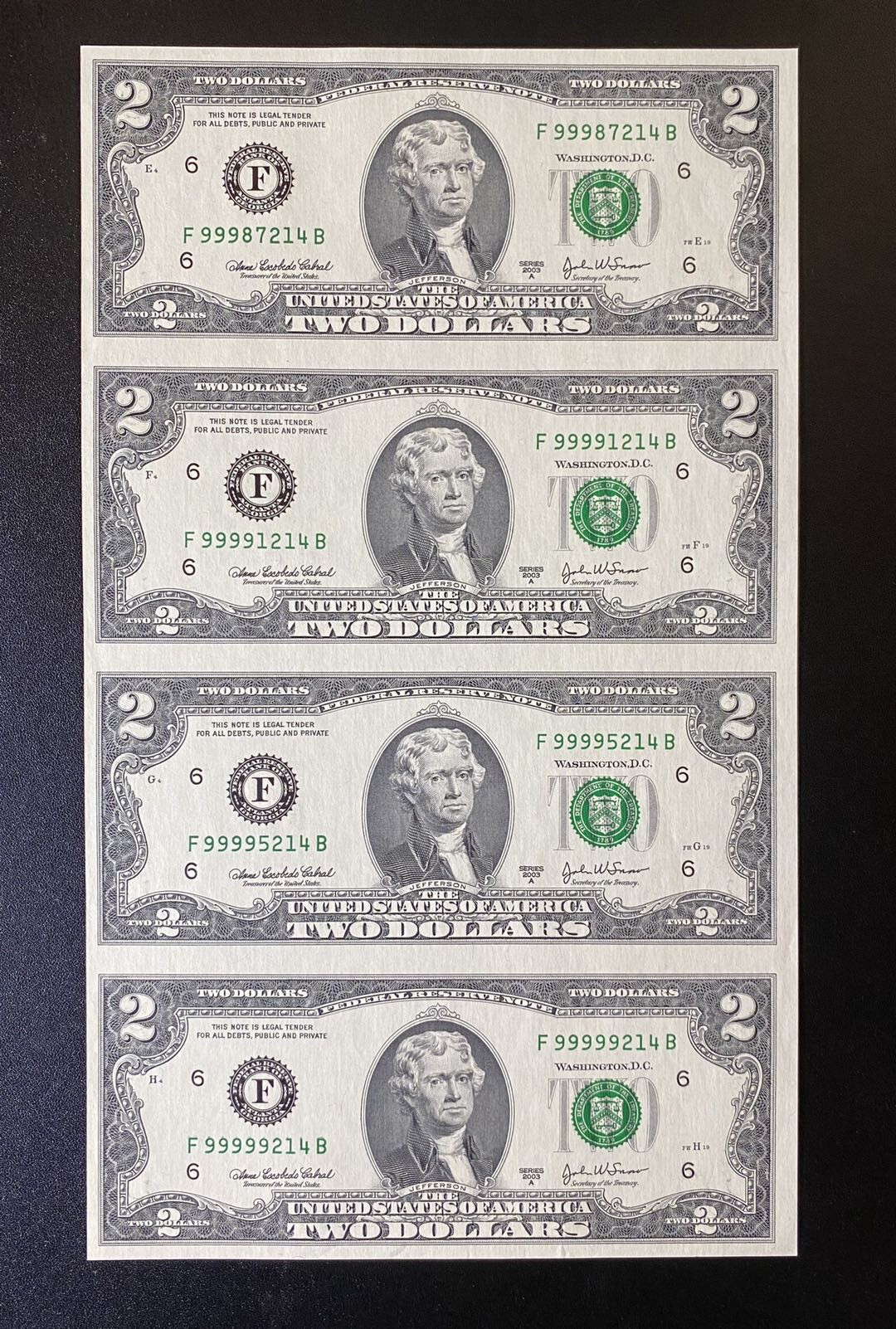 兄弟钱币收藏2020年第54期拍卖 美国2003年2美元四连体钞，狮子号头，UNC