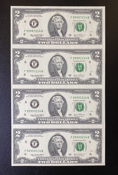 兄弟钱币收藏2020年第54期拍卖 美国2003年2美元四连体钞，狮子号头，UNC