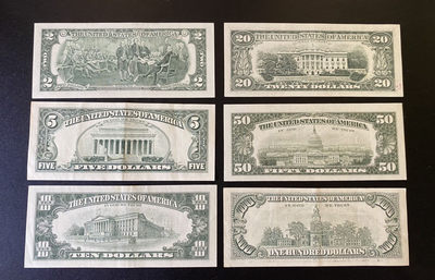 兄弟钱币收藏2020年第54期拍卖 美国1985年-1995年小头2-5-10-20-50-100元，2美元和50美元为UNC，其余为AU-EF