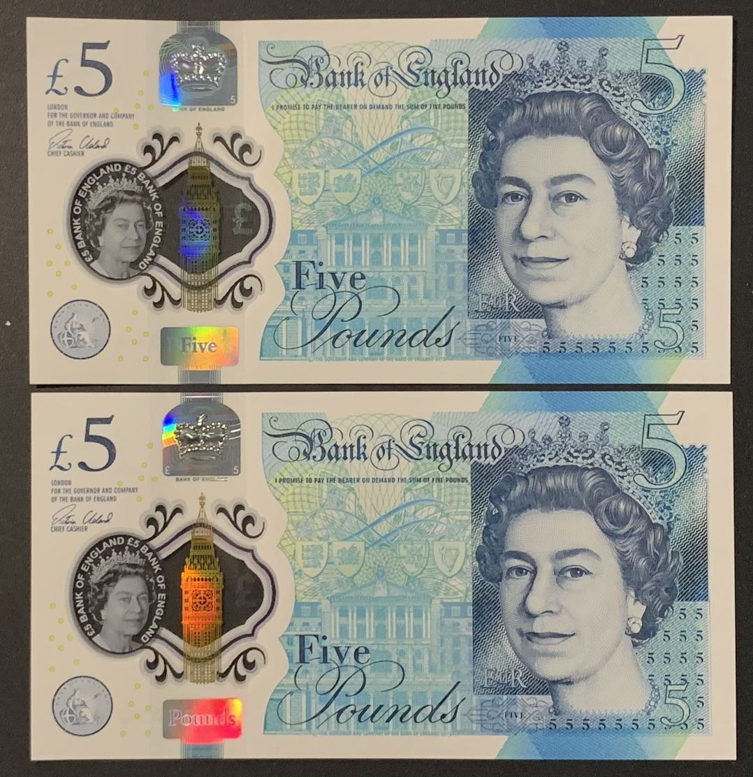 紫瑗钱币——微拍第108期—纸币场 英国 2015年 丘吉尔 5英镑 塑料钞 UNC 2枚一组 