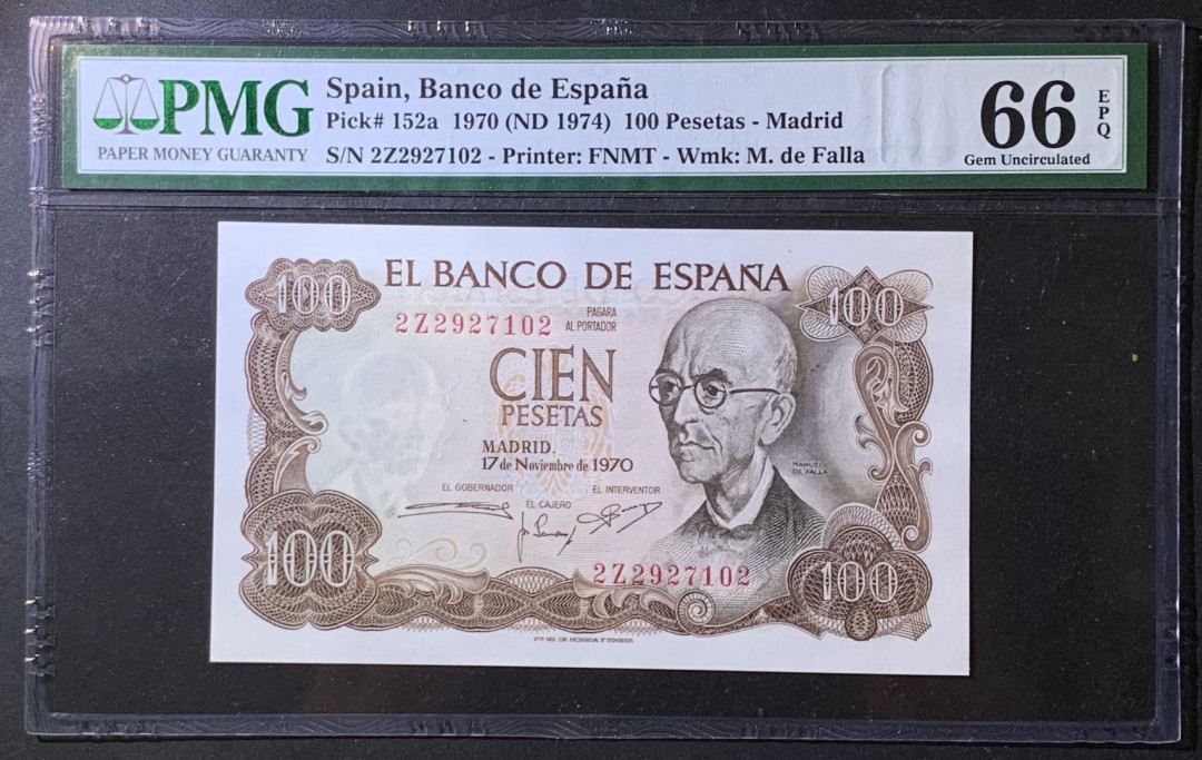 紫瑗钱币——微拍第108期—纸币场 西班牙 1970（1974）年 曼努埃尔·德法拉 100比塞塔 PMG 66 EPQ （P-152a）