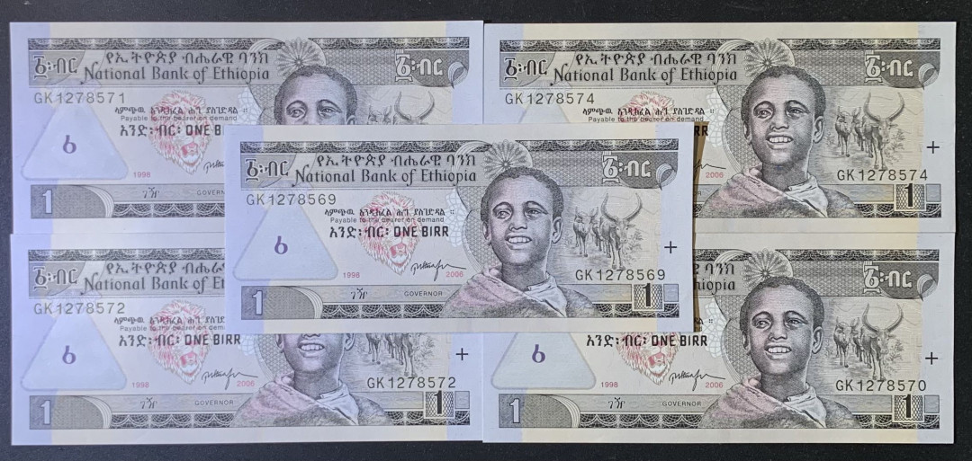 紫瑗钱币——微拍第108期—纸币场 埃塞俄比亚 1998 2006年 1比尔 5枚一组 UNC （P-46d)