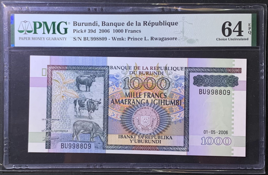 紫瑗钱币—微拍第118期 —纸币场 布隆迪 2006年 1000法郎 PMG 64 EPQ （P-39d)