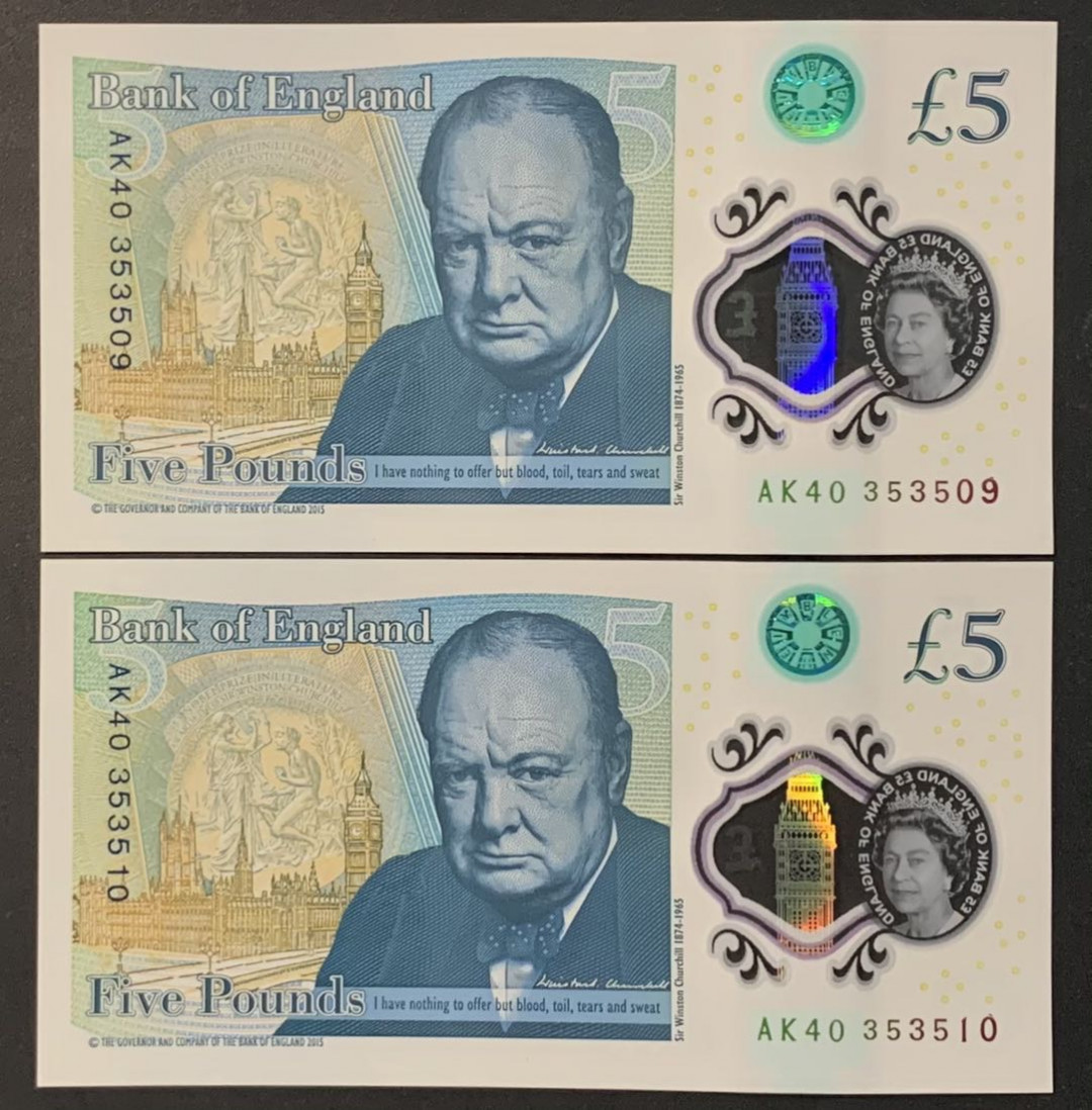 紫瑗钱币——微拍第108期—纸币场 英国 2015年 丘吉尔 5英镑 塑料钞 UNC 2枚一组 