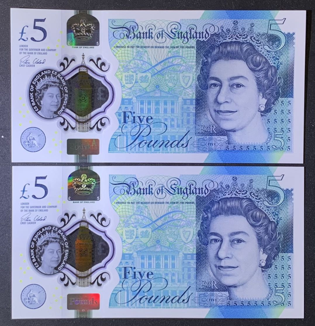 紫瑗钱币——微拍第108期—纸币场 英国 2015年 丘吉尔 5英镑 塑料钞 UNC 2枚一组 