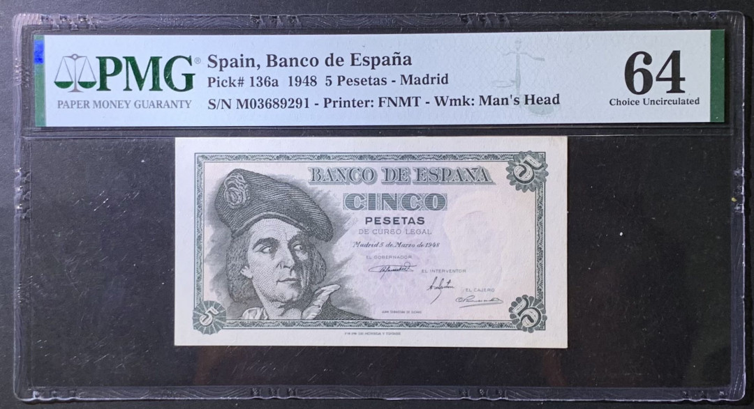 紫瑗钱币——微拍第108期—纸币场 西班牙 1948年 胡安 塞瓦斯蒂安 5比塞塔 PMG 64 （P-136a)
