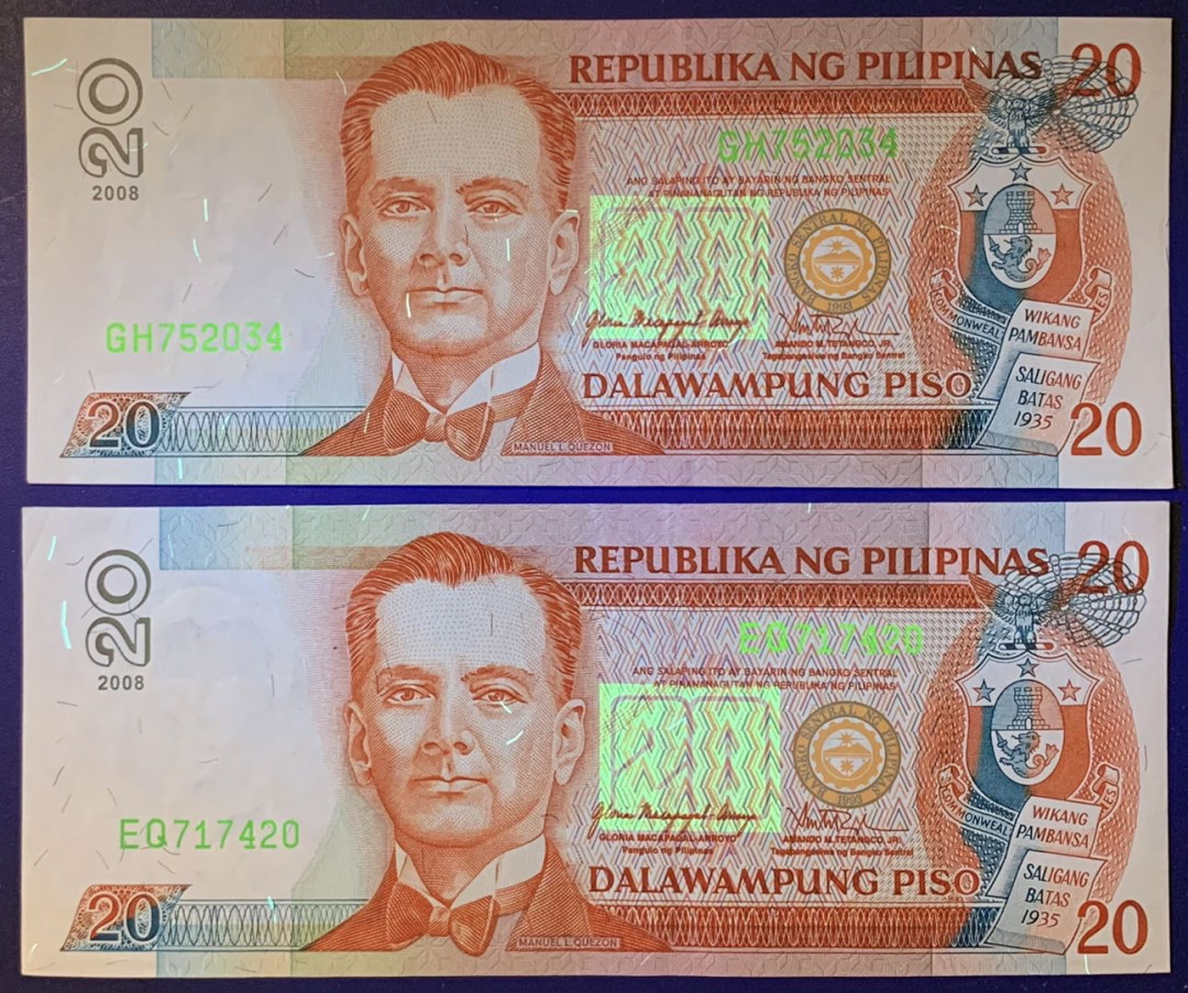 紫瑗钱币——微拍第112期—纸币场 菲律宾 2008年 20比索 2枚一组 UNC