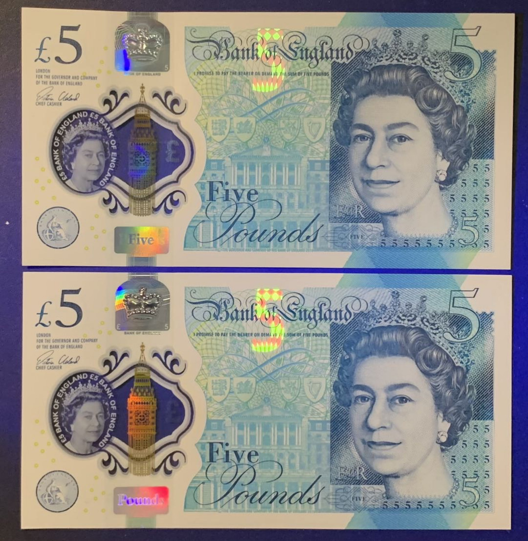 紫瑗钱币——微拍第108期—纸币场 英国 2015年 丘吉尔 5英镑 塑料钞 UNC 2枚一组 