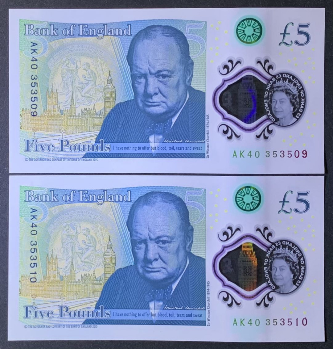 紫瑗钱币——微拍第108期—纸币场 英国 2015年 丘吉尔 5英镑 塑料钞 UNC 2枚一组 