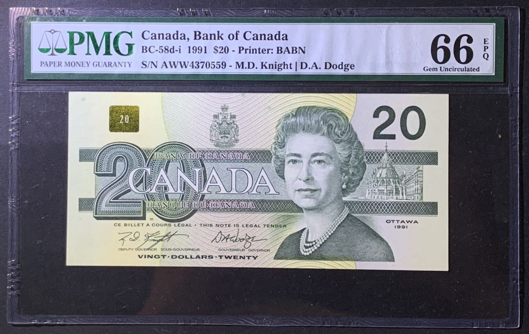 紫瑗钱币——微拍第108期—纸币场 加拿大 1991年 绿头鸭 20元 PMG 66 EPQ （P-58d-i)