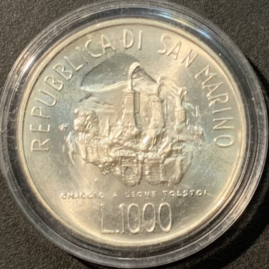 紫瑗钱币——微拍第109期 圣马力诺 1978年 托尔斯泰 1000里拉 14.6克 0.835银 UNC