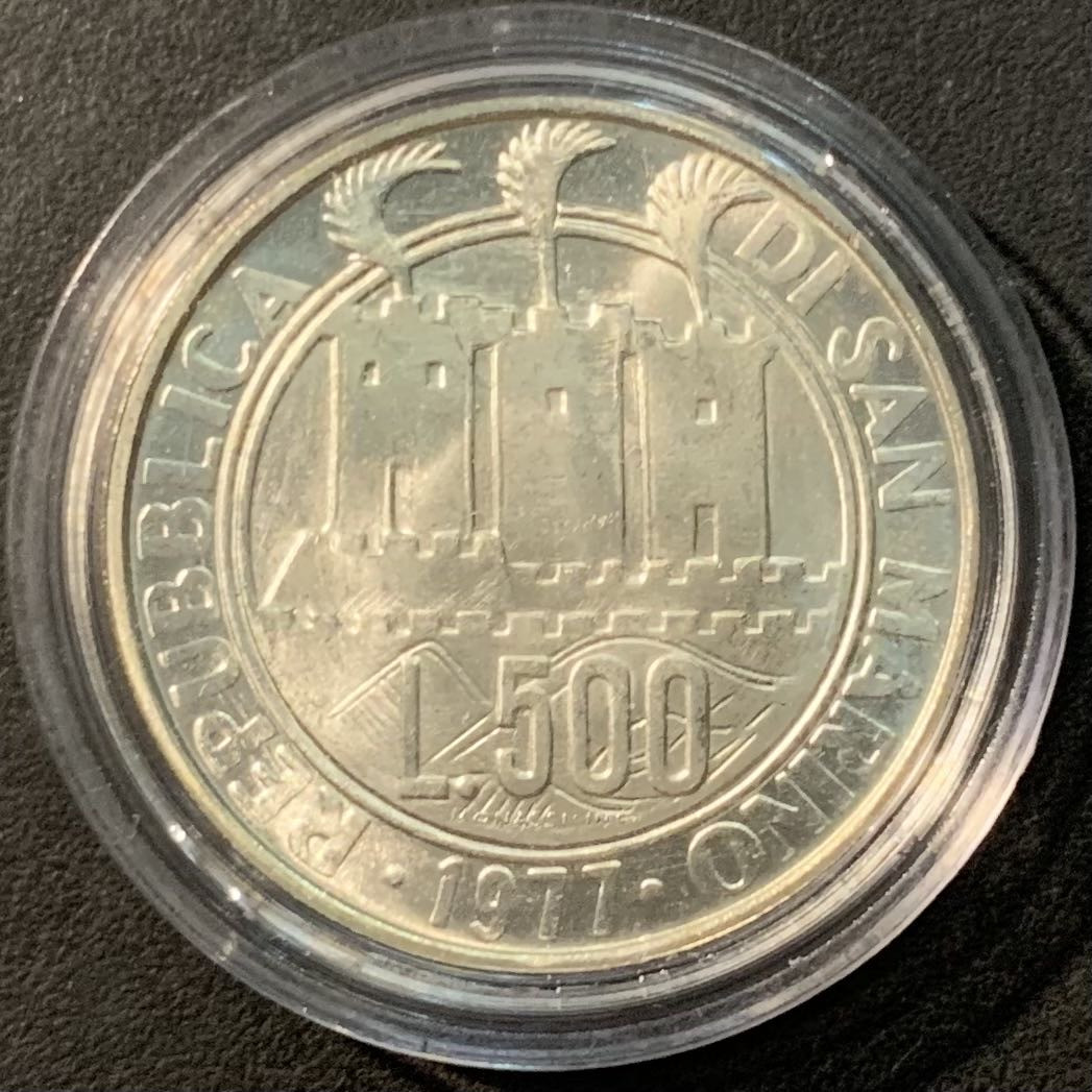 紫瑗钱币——微拍第109期 圣马力诺 1977年 颠倒的鸽子 500里拉 11克 0.835银 UNC