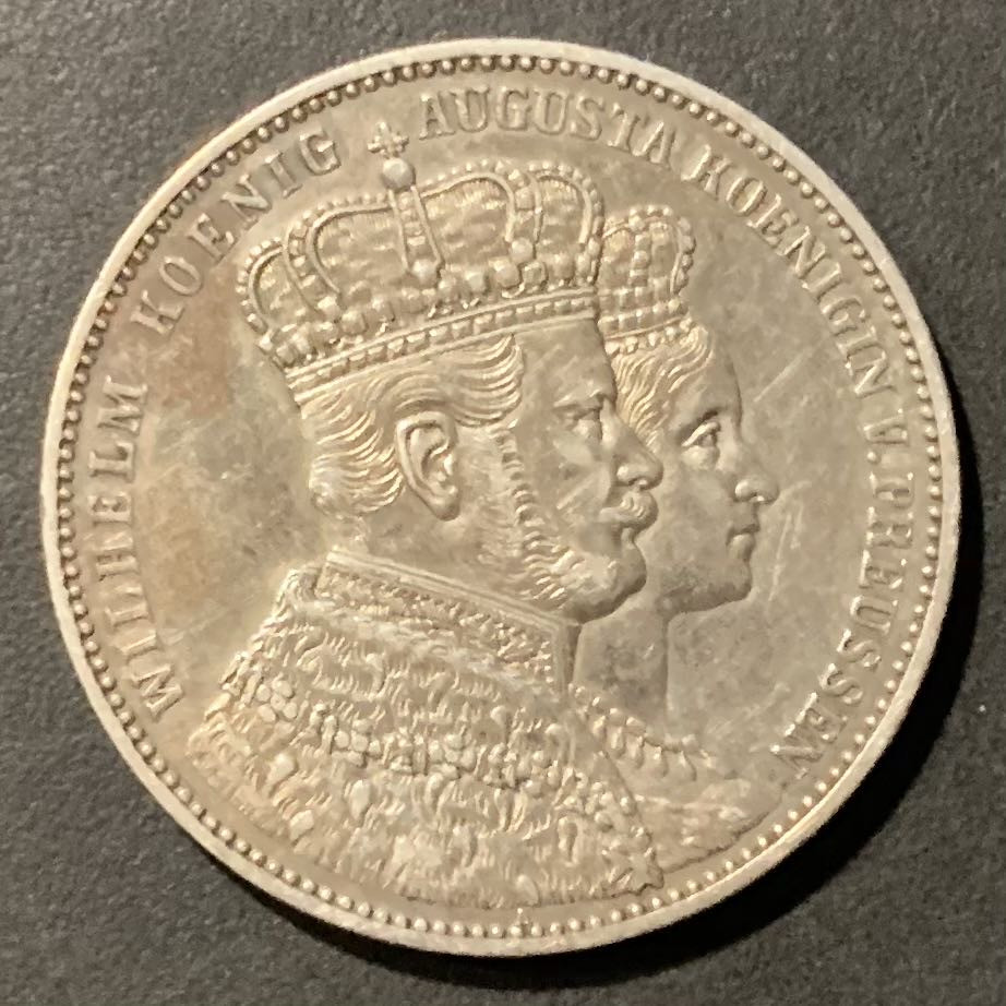 紫瑗钱币——微拍第109期 德国 普鲁士 1861年 威廉一世与王后 加冕纪念 1泰勒 XF