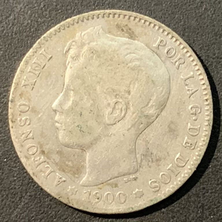 紫瑗钱币——微拍第109期 西班牙 1900年 阿方索十三世 小孩头 1比塞塔 5克 0.835银