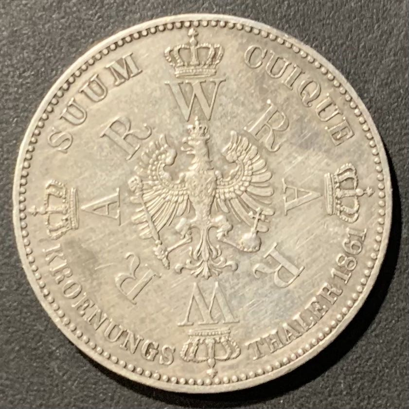 紫瑗钱币——微拍第109期 德国 普鲁士 1861年 威廉一世与王后 加冕纪念 1泰勒 XF