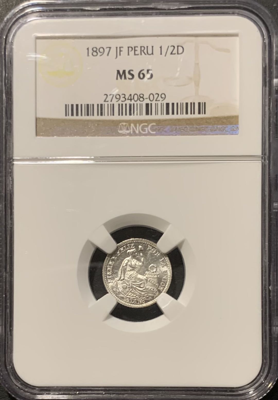 紫瑗钱币——微拍第109期 秘鲁 1897年 坐人 1/2D  PCGS MS65