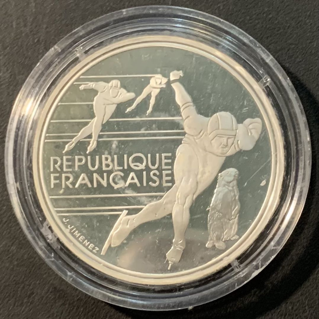 紫瑗钱币——微拍第109期 法国 1990年 92阿尔贝维尔冬奥会 速度滑冰者和高山土拨鼠 100法郎 22.2克 0.9银 精制