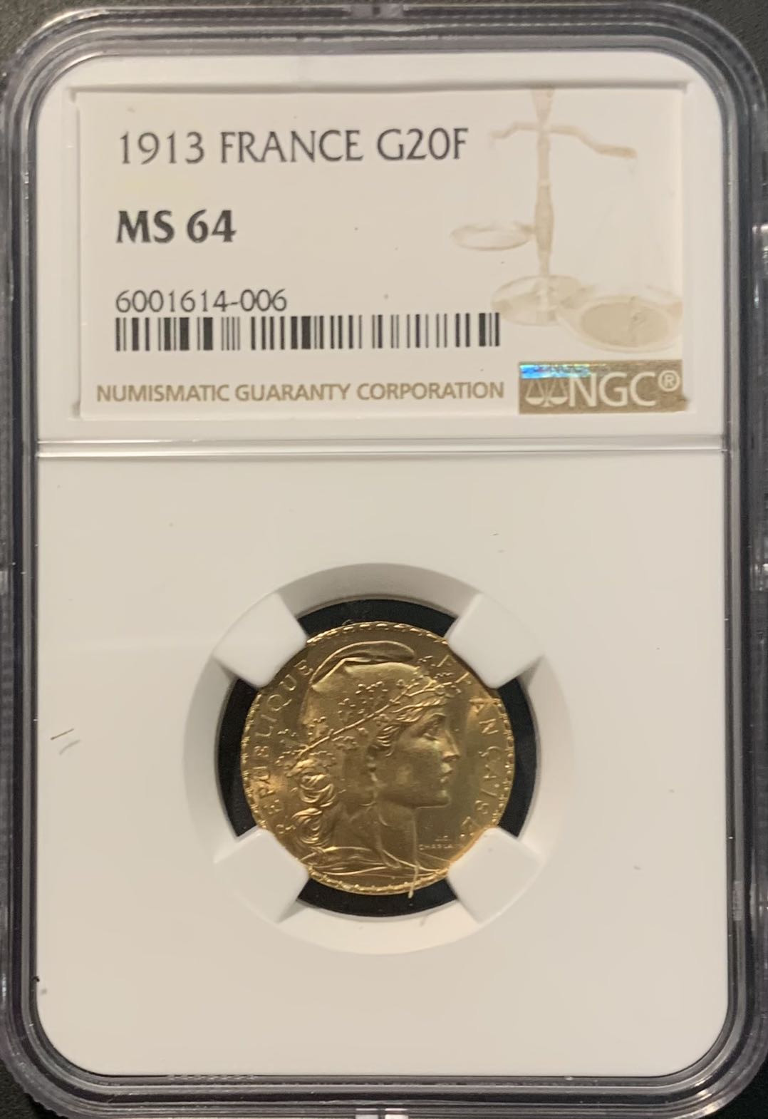 紫瑗钱币——微拍第109期 法国 1913年 公鸡 20法郎 6.45克 0.9金 NGC MS64