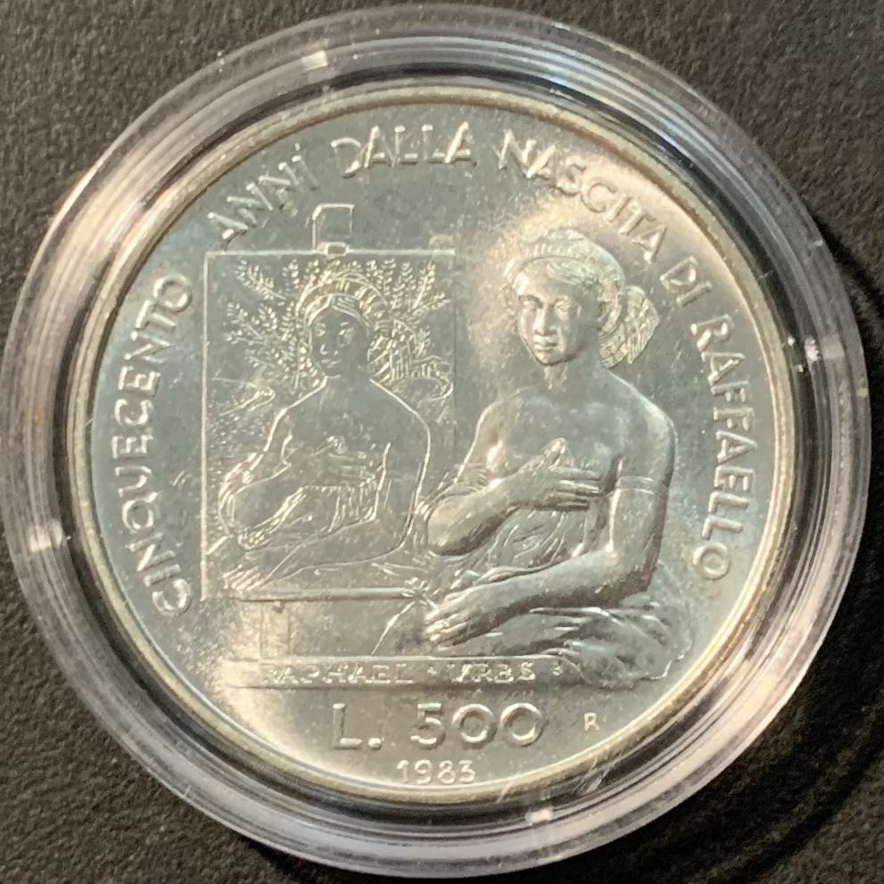 紫瑗钱币——微拍第109期 圣马力诺 1983年 拉斐尔 500里拉 11克 0.835银 UNC