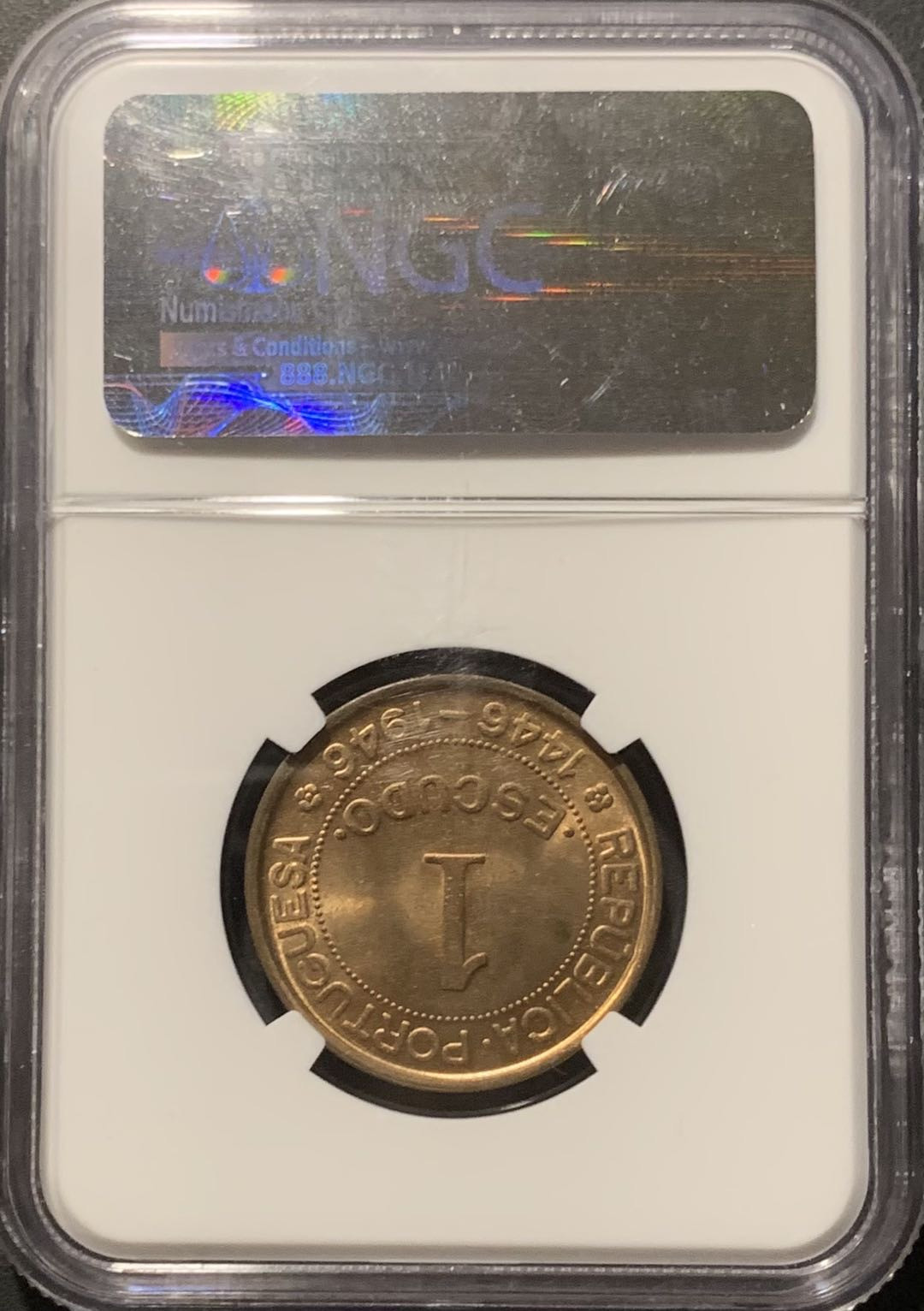 紫瑗钱币——微拍第109期 葡属几内亚 1946年 发现几内亚 1埃斯库多 NGC MS64RD