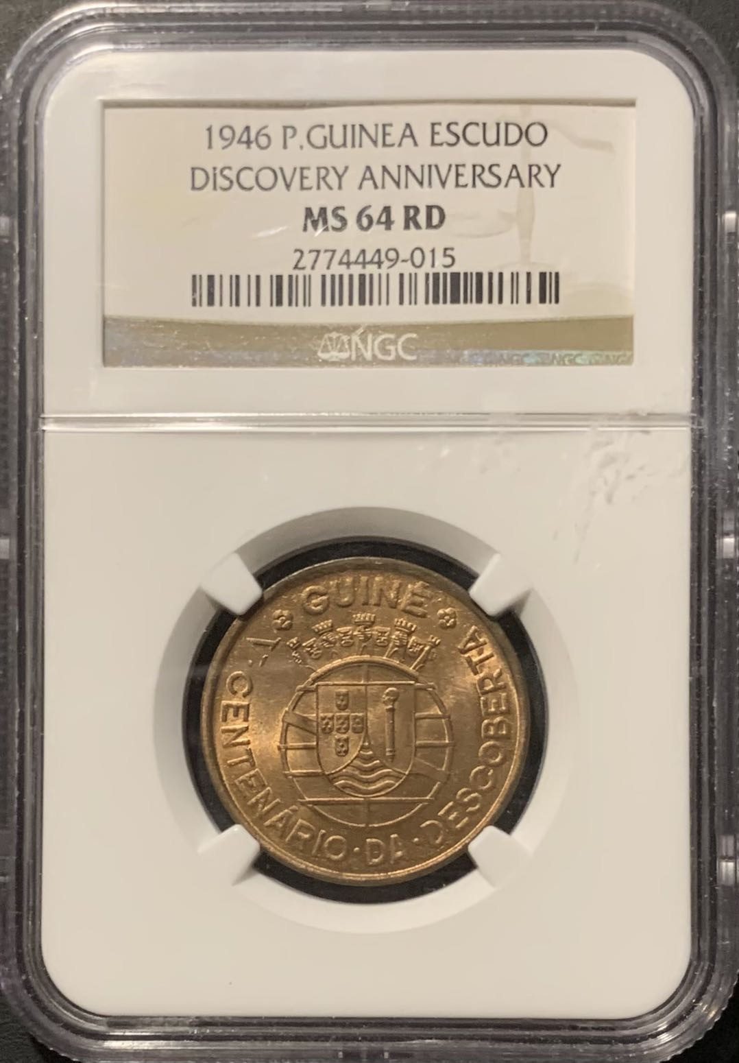 紫瑗钱币——微拍第109期 葡属几内亚 1946年 发现几内亚 1埃斯库多 NGC MS64RD