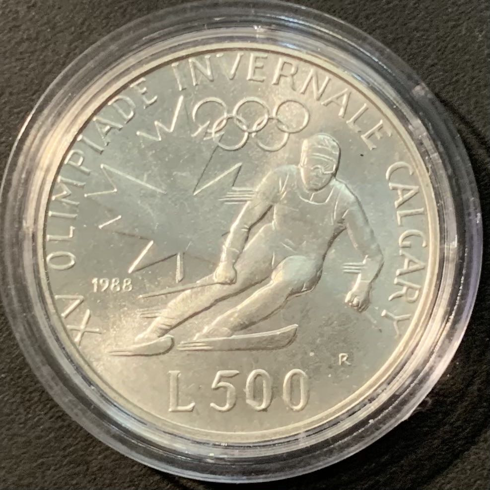 紫瑗钱币——微拍第109期 圣马力诺 1988年 卡尔加里冬奥会 500里拉 11克 0.835银 UNC