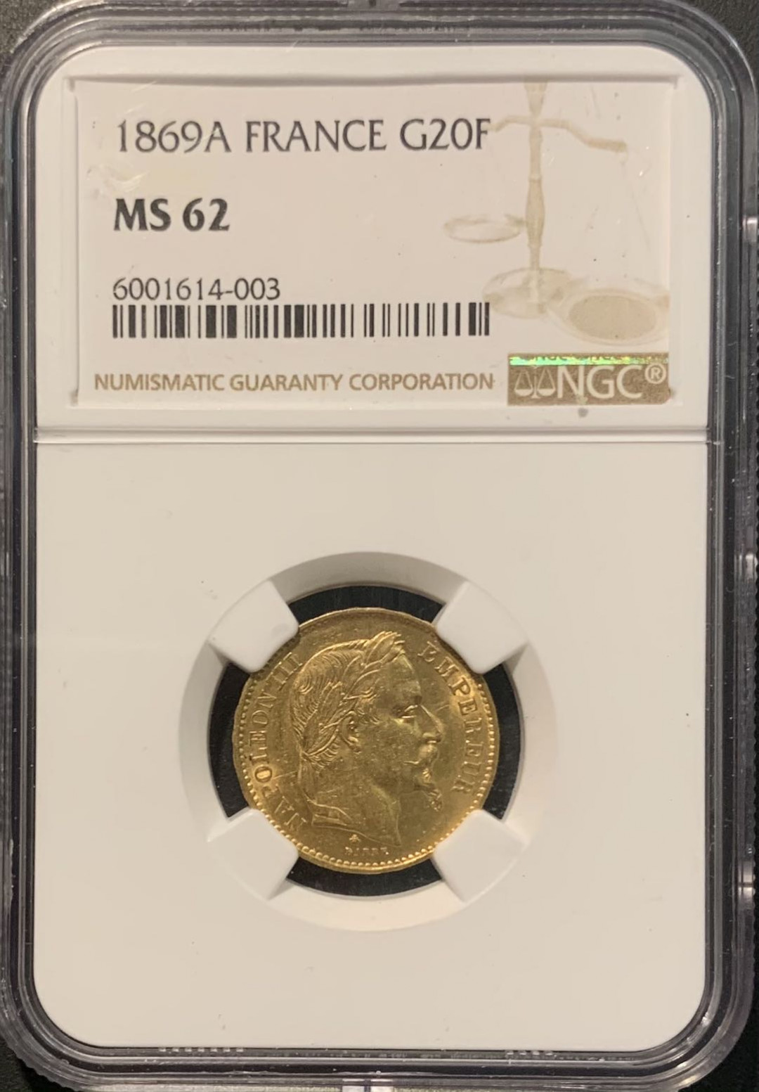 紫瑗钱币——微拍第109期 法国 1869年 拿破仑三世 20法郎 6.45克 0.9金 NGC MS62