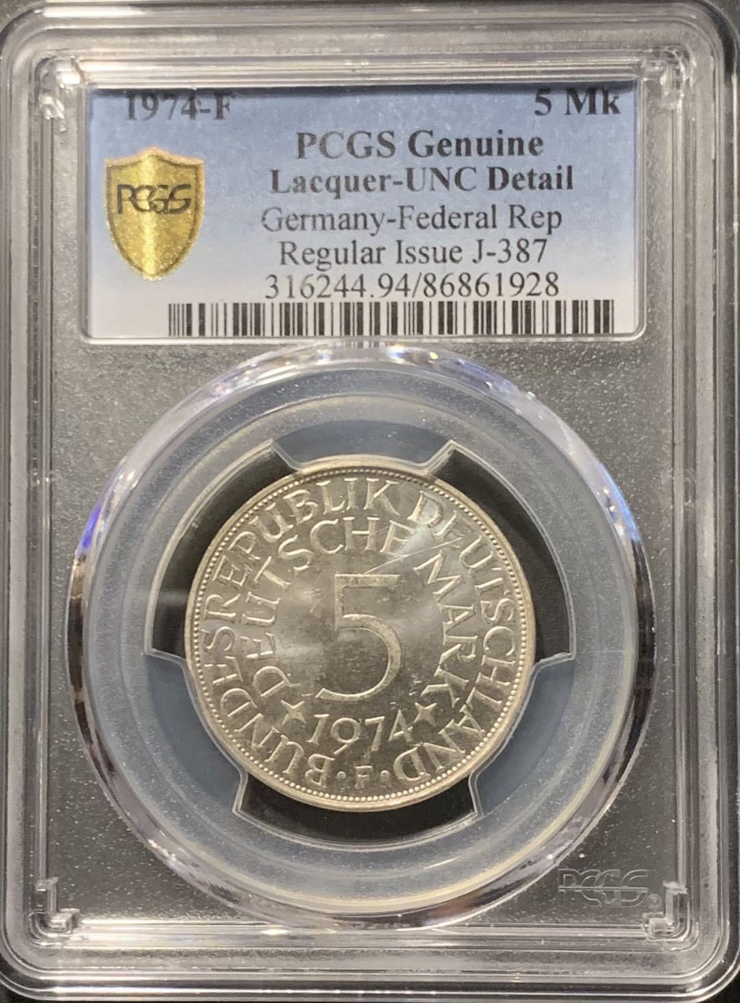 紫瑗钱币——微拍第109期 德国 1974年 F厂 5马克  11.2克 0.625银 PCGS UNC Detail