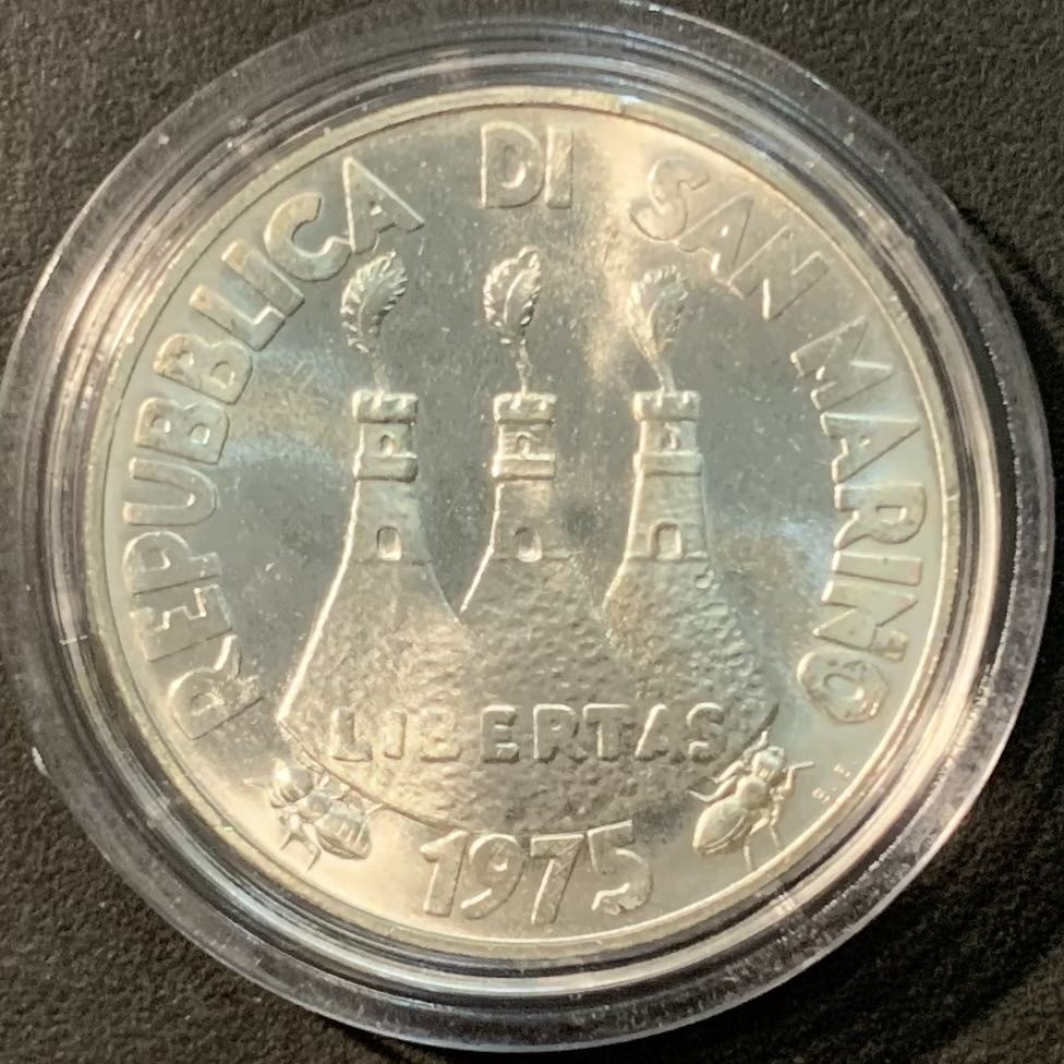 紫瑗钱币——微拍第109期 圣马力诺 1975年 带刺海鸥 500里拉 11克 0.835银 UNC