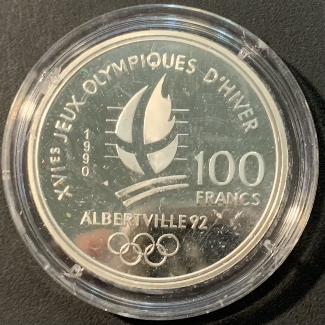 紫瑗钱币——微拍第109期 法国 1990年 92阿尔贝维尔冬奥会 速度滑冰者和高山土拨鼠 100法郎 22.2克 0.9银 精制