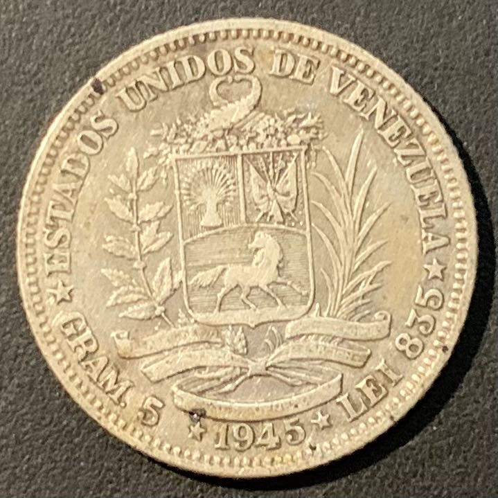 紫瑗钱币——微拍第109期 委内瑞拉 1945年 1玻璃瓦尔 5克 0.835银