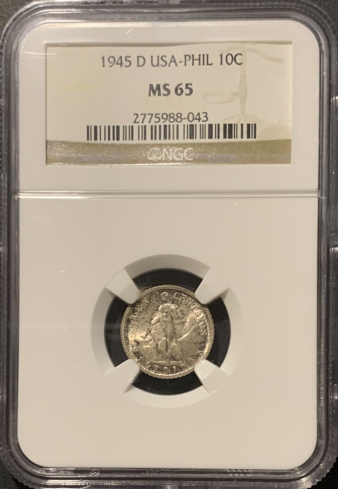 紫瑗钱币——微拍第109期 美属菲律宾 1945年 女神与火山 10分 NGC MS65
