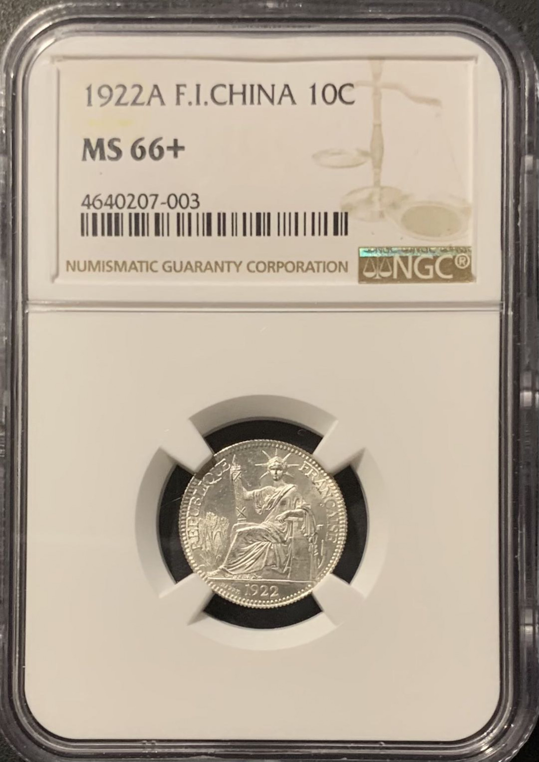 紫瑗钱币——微拍第109期 法属印度支那 1922年 A版 坐洋 10分 NGC MS66+ 第二名