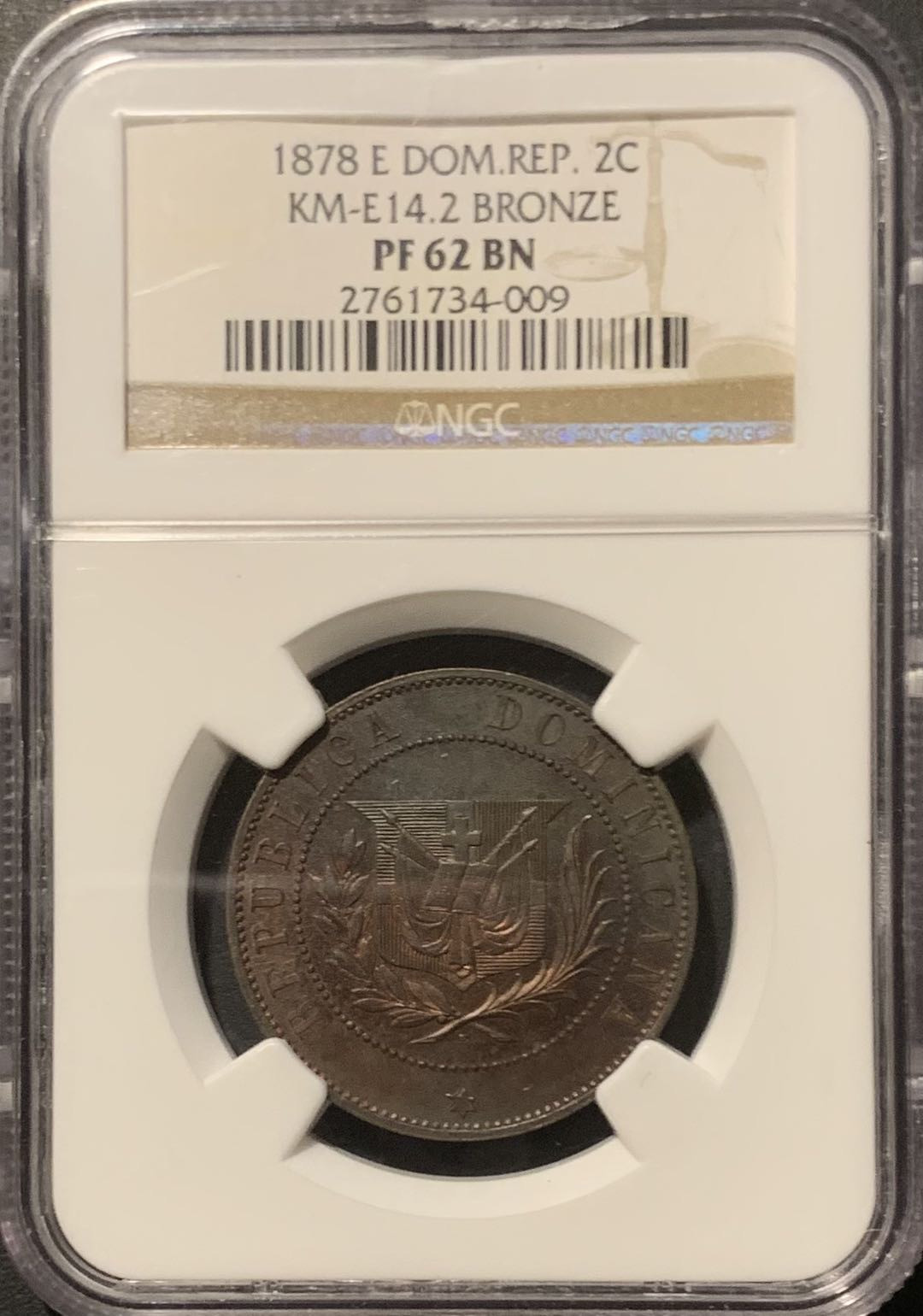 紫瑗钱币——微拍第109期 多米尼加共和国  1878年 2分 样币 NGC PR62 BN