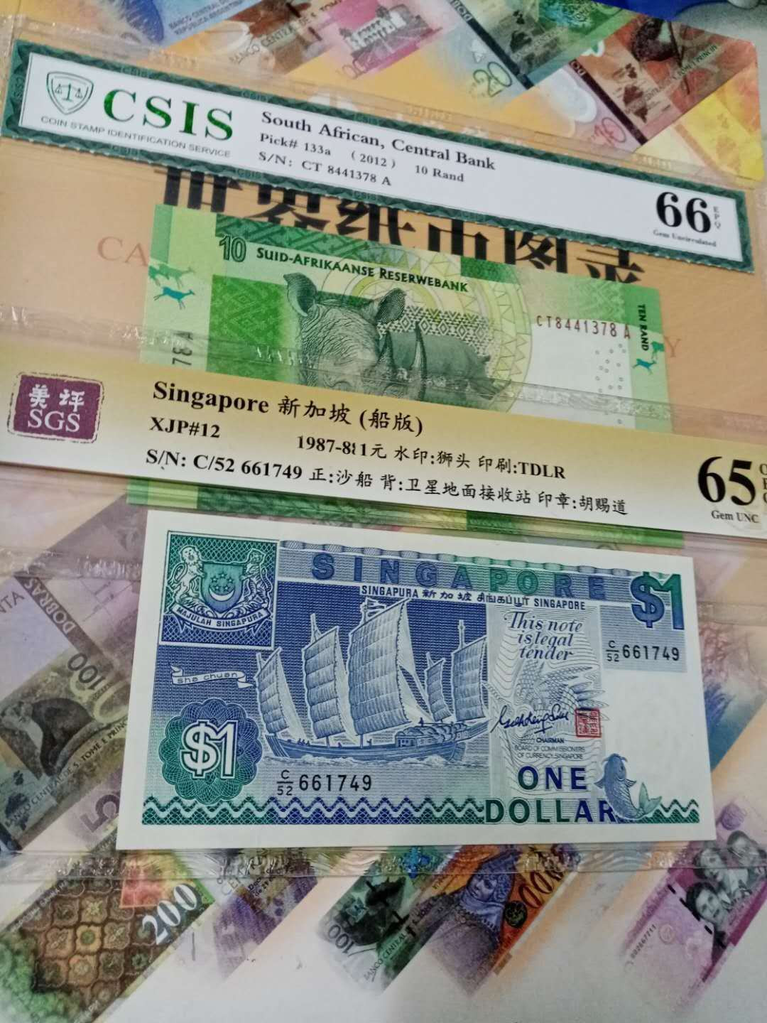 【鲸贝乐淘】千字文·第“背邙面洛，浮渭据泾”号拍卖 【南非🇿🇦 ·新加坡🇸🇬 】2012年10兰特，信泰66E，1987年船版1元，美评65E