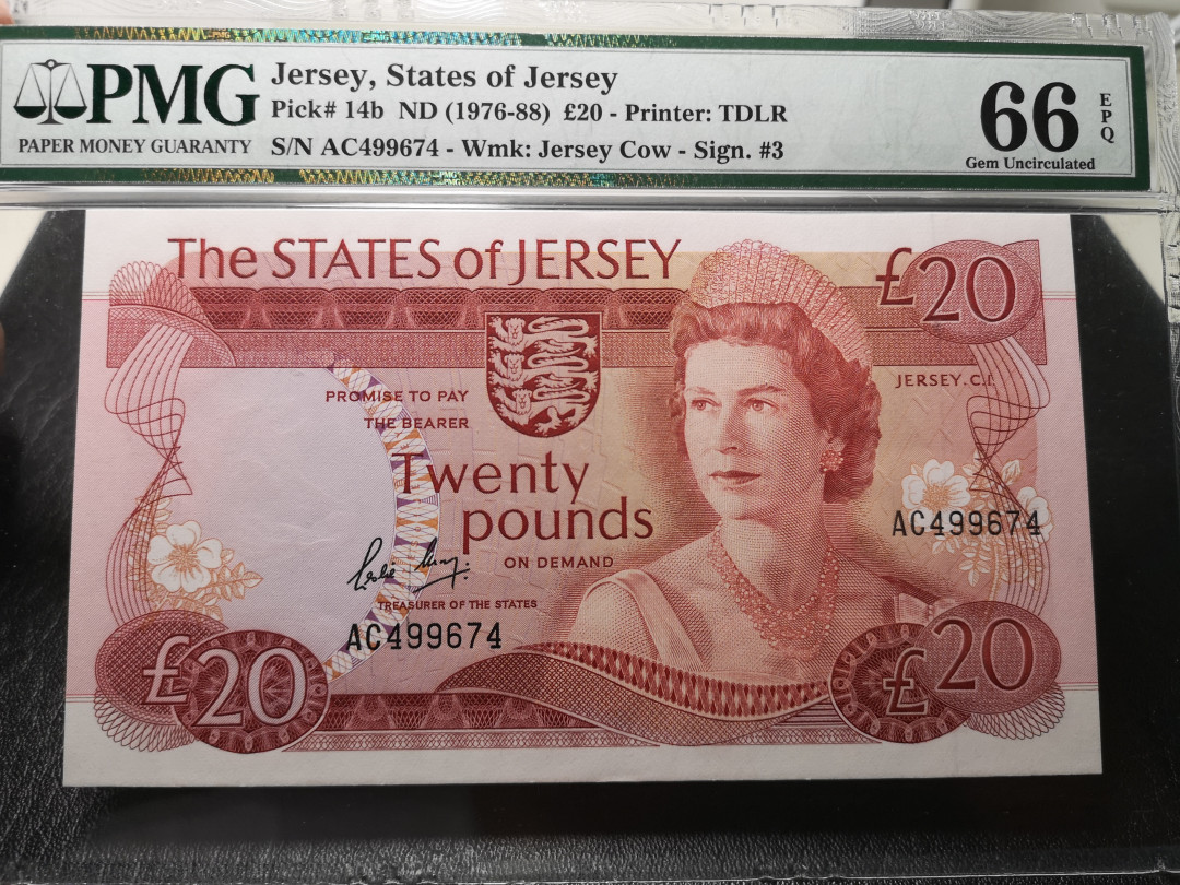 《外钞收藏家》第八十六期拍卖 国庆节专场 泽西1976-88年20镑 pmg66 