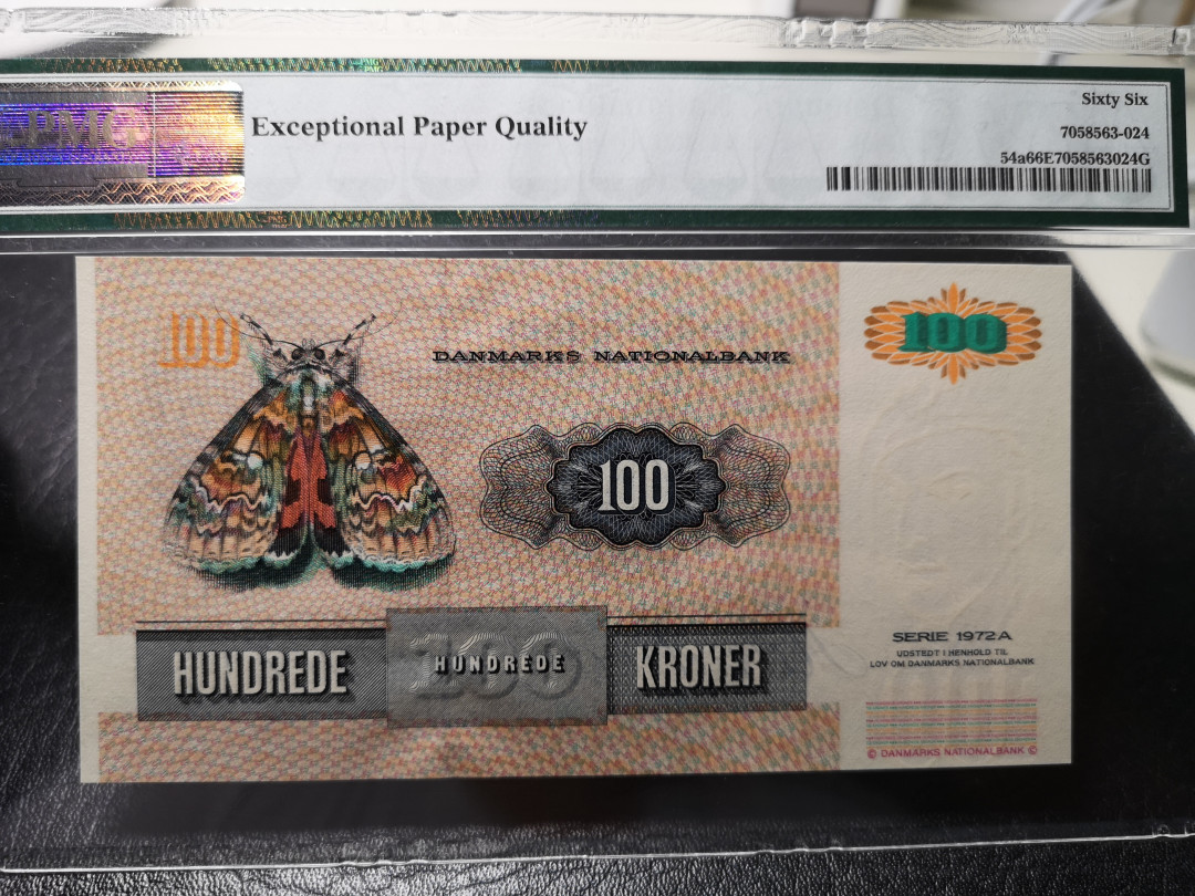 《外钞收藏家》第八十六期拍卖 国庆节专场 丹麦1994年100克朗 pmg66 精美蛾子钞