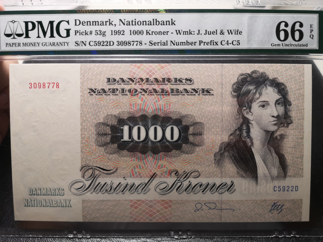 《外钞收藏家》第八十六期拍卖 国庆节专场 丹麦1992年100克朗 大松鼠 pmg66